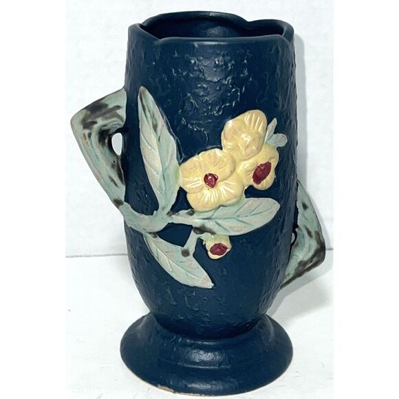 Roseville Pottery Reproduction Blue Rose Floral Flower Double Handle 6"x 5" Vase - Picture 2 of 8